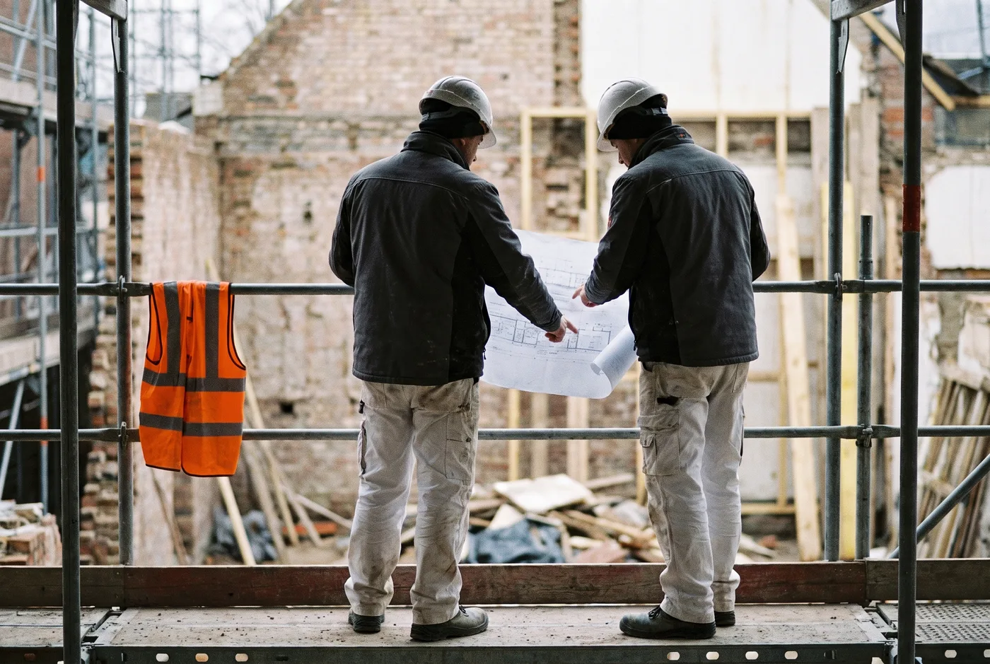 Illustration : chantier de bâtiment en cours, matériaux et outillage disposés avant intervention