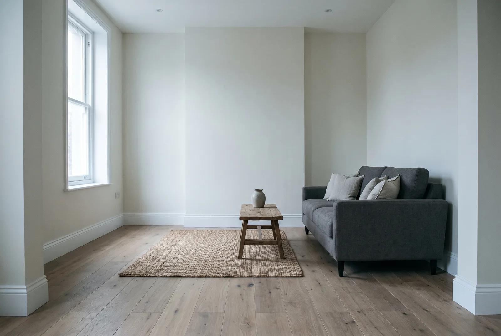 Illustration : séjour aux murs clairs et parquet contrecollé, grande fenêtre
